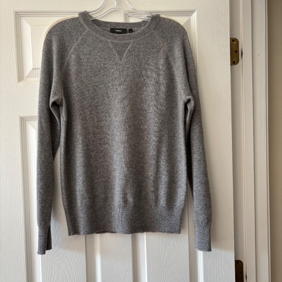 Theory Gray Athletic Stripe Crew Long Sleeve 100% Cashmere Sweater Size S - Picture 1 of 14